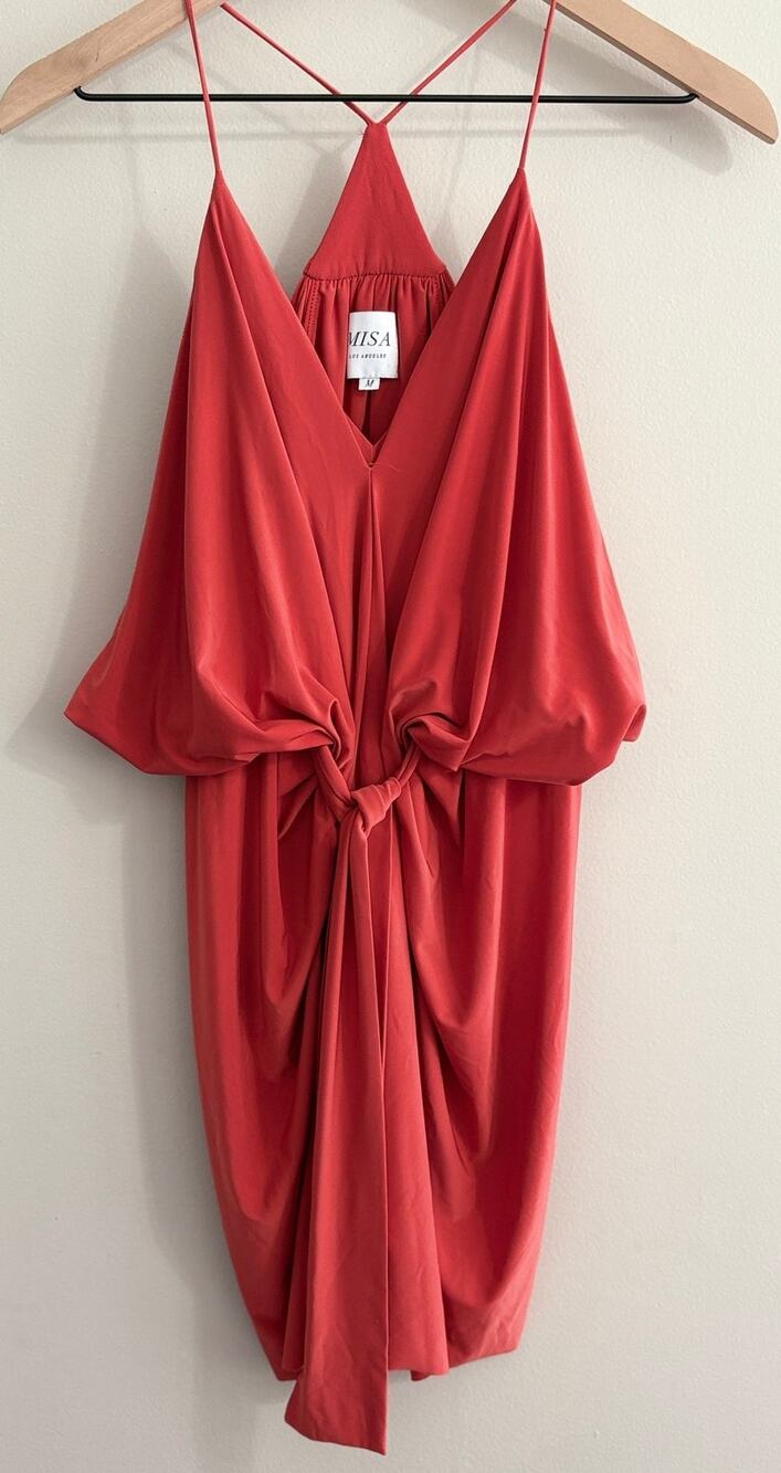Misa Los Angeles Domino Draped Plunge Racerback Midi Dress Rust Orange Medium